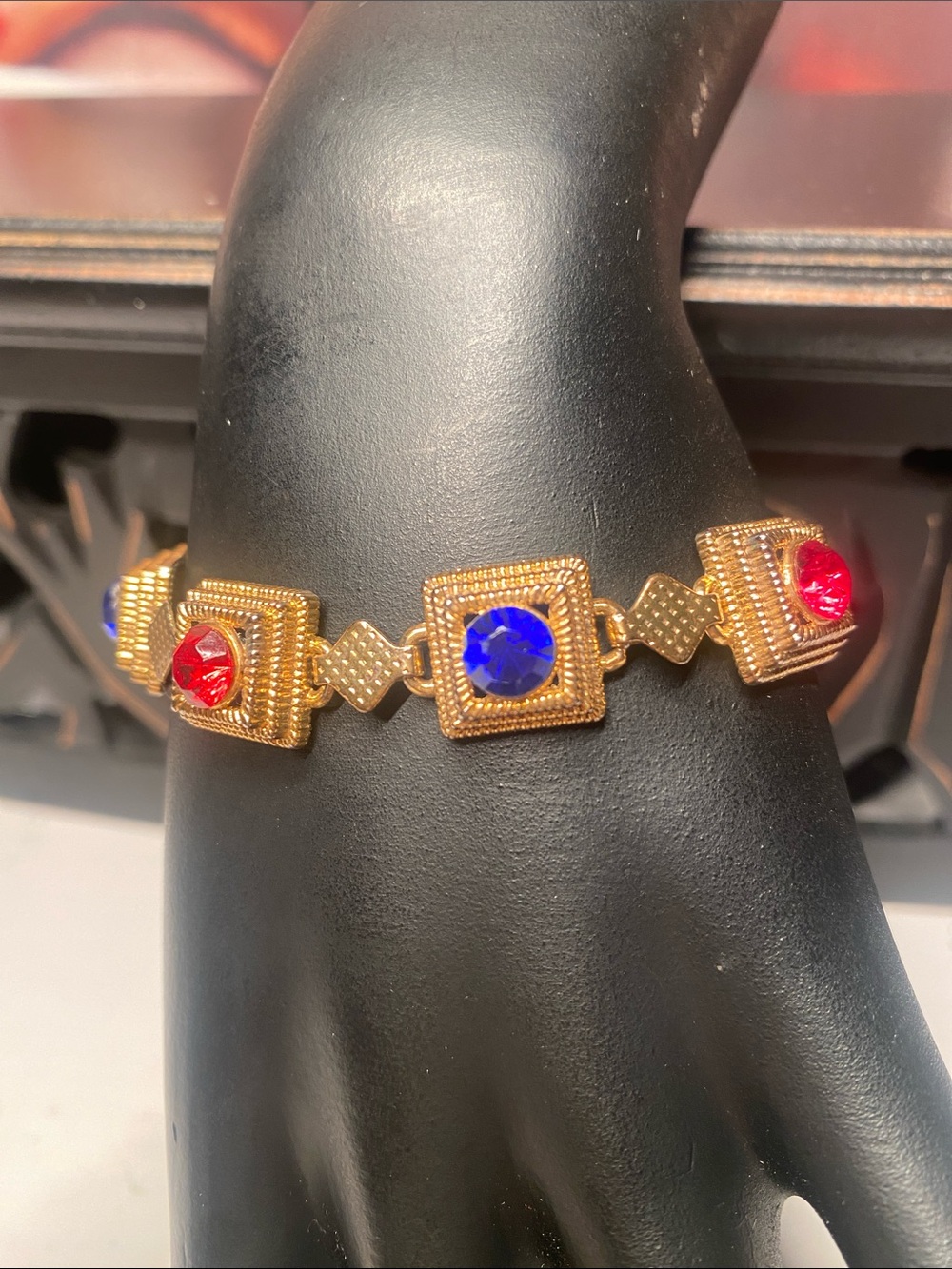 Gold ToneBracelet With Red and Blue Gemstones Decorative Square Links